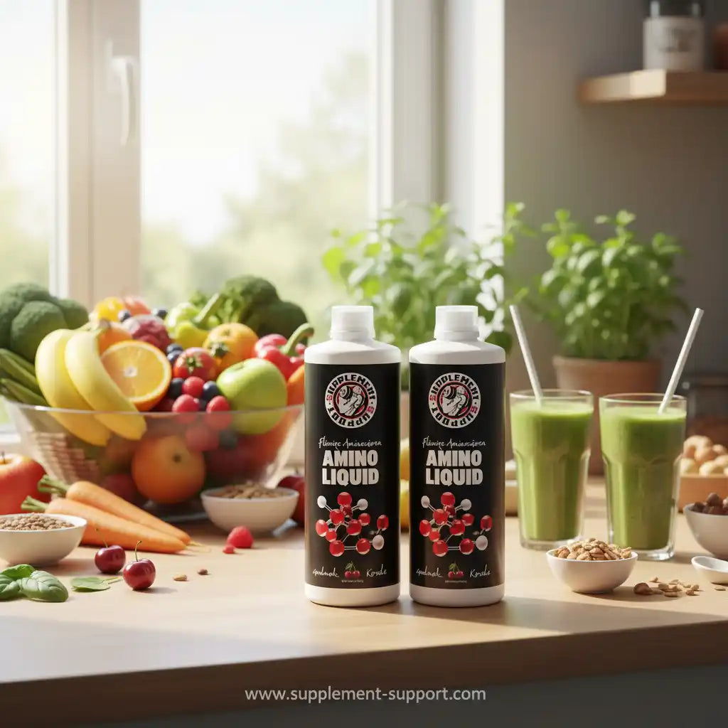 Zwei Flaschen Amino Liquid Nahrungsergänzung neben frischem Obst und Gemüsesmoothies.