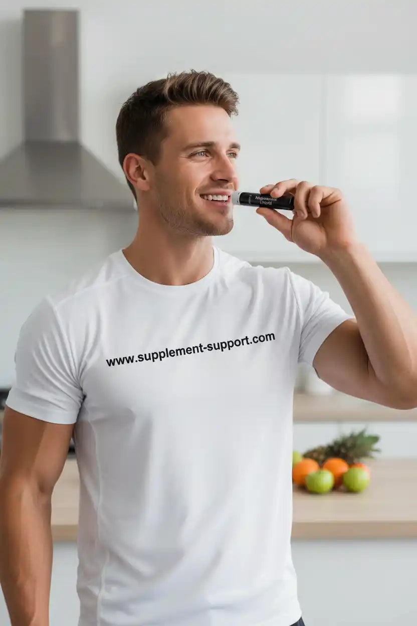 Ein lächelnder Mann in weißem T-Shirt hält eine Nahrungsergänzung in einer kleinen Flasche.