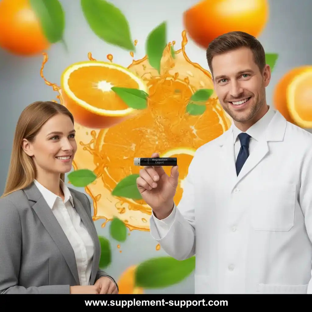 Ein Arzt in weißem Kittel hält ein Nahrungsergänzungsmittel vor einem Hintergrund mit Orangen.