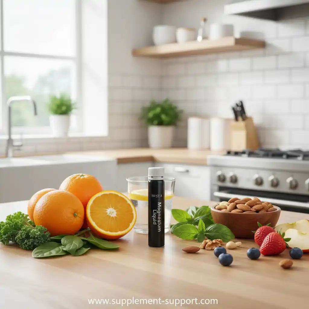 Magnesium Liquid Flasche neben Orangen, Beeren, Nüssen und Spinat in einer hellen Küche.