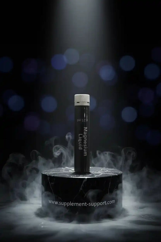 Magnesium Liquid Flasche auf dunklem Sockel mit Nebeleffekt