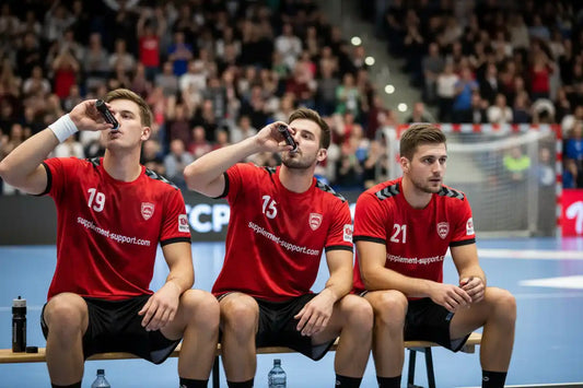 Drei Handballspieler in roten Trikots trinken Sportnahrung auf der Bank.