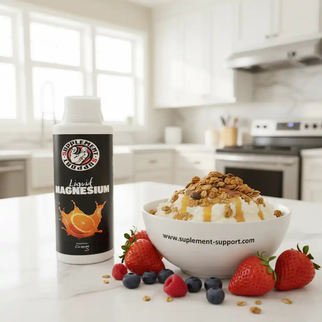 Flüssiges Magnesium-Supplement mit Orangenaroma neben einer Frühstücksschüssel mit Beeren.