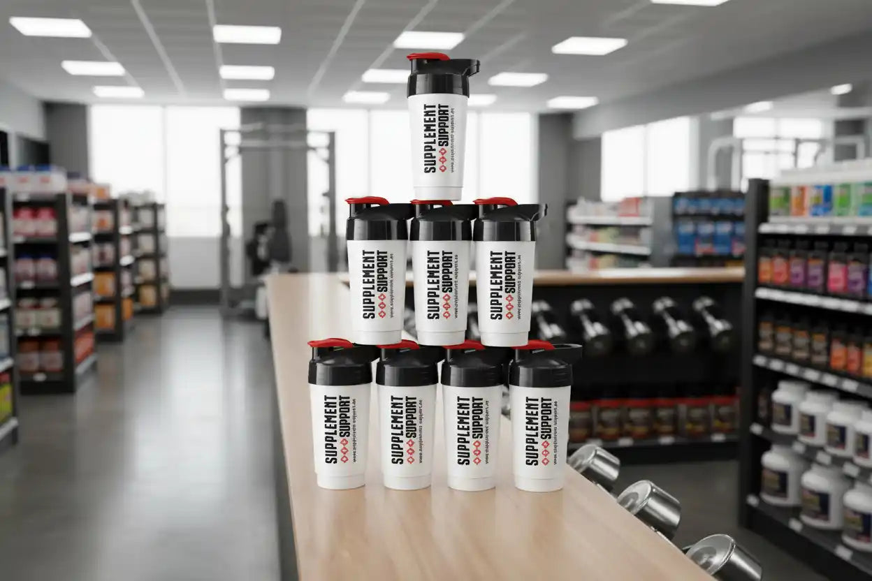 Stapel von Supplement-Support Shaker-Bechern auf einem Holztisch in einem Sportnahrungsgeschäft.