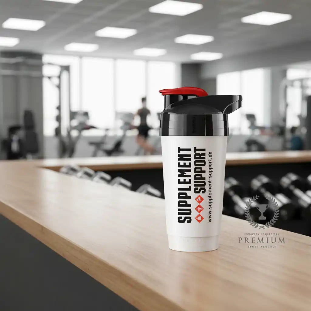 Weißer Supplement-Support Shaker auf einer Holzbank in einem hellen Fitnessstudio.