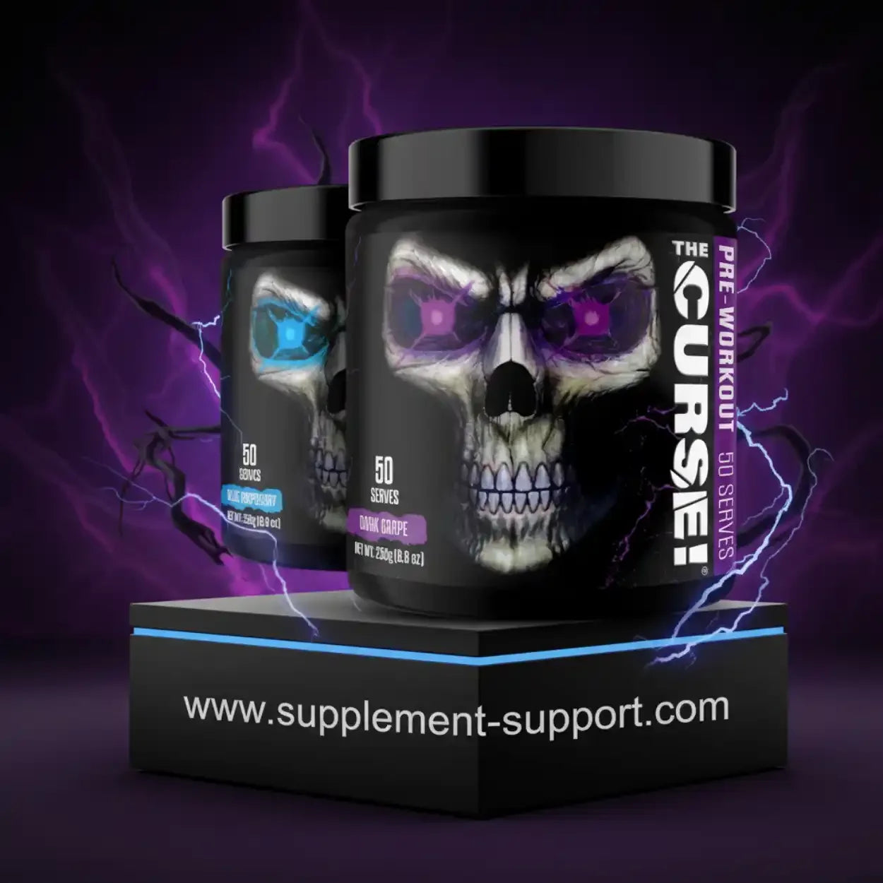 Pre-Workout Booster Dose mit Totenkopf-Design, violettes Licht, 250g, Fitness Supplement