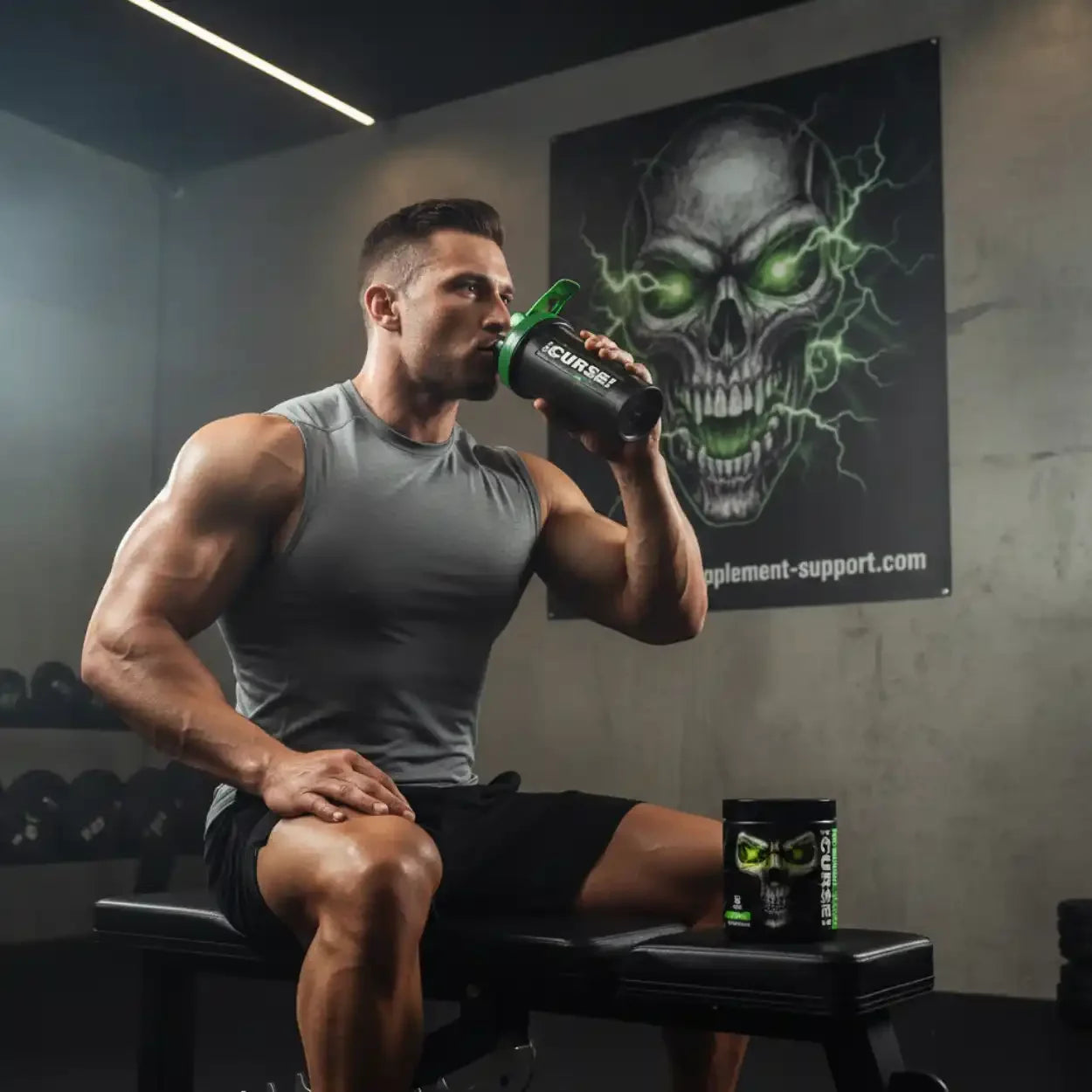 Muskelbepackter Sportler trinkt Pre-Workout Booster im Fitnessstudio, Produktdose daneben