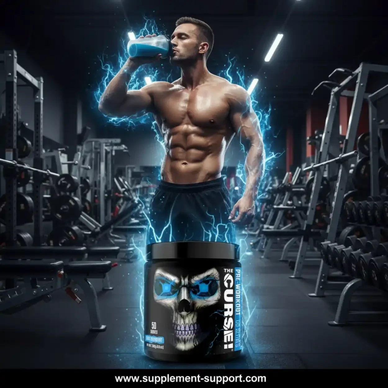 Muskulöser Mann trinkt Pre-Workout-Booster im Fitnessstudio, The Curse Dose im Vordergrund