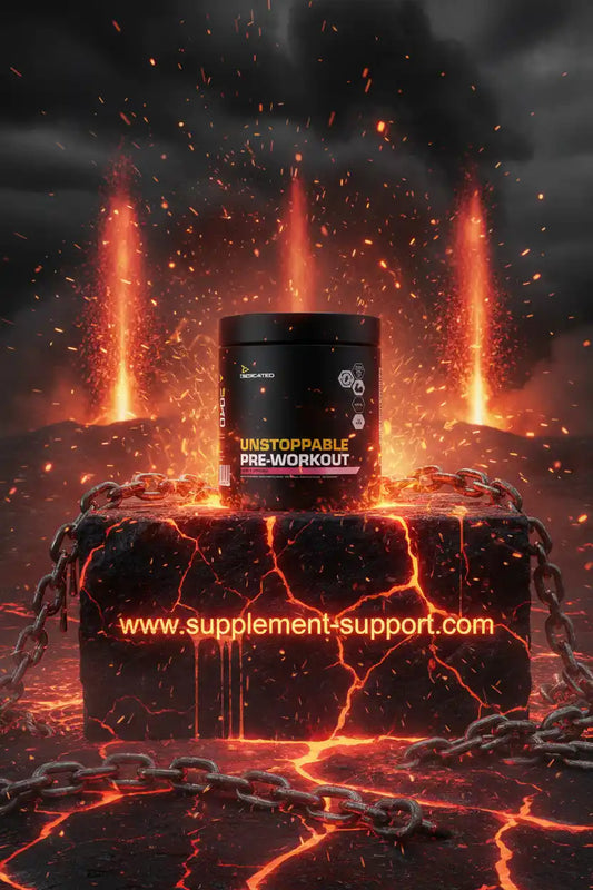 Unstoppable Pre-Workout Supplement vor vulkanischem Hintergrund mit Ketten und Lava