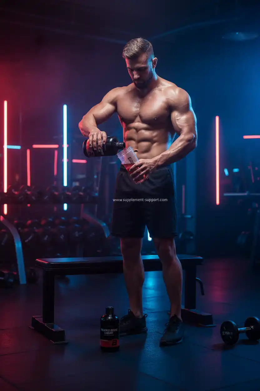 Muskulöser Mann gießt Sportnahrung in Shaker im Fitnessstudio mit Neonlicht