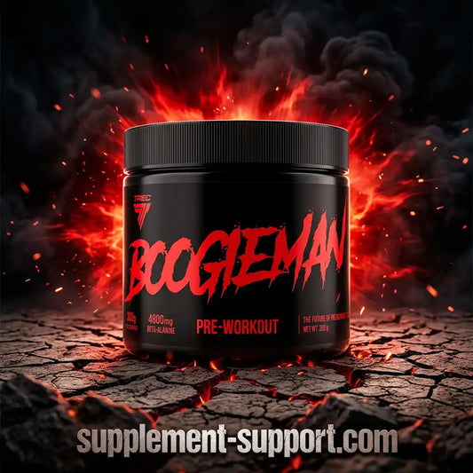 TREC NUTRITION Boogieman Pre-Workout Booster Dose vor feurigem Hintergrund auf rissigem Boden