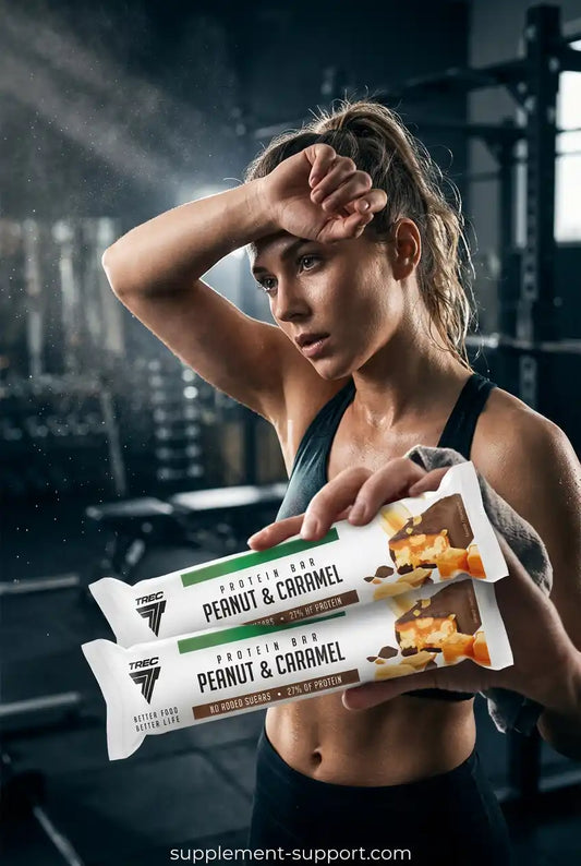 Sportlerin im Fitnessstudio hält einen Trec Nutrition High Protein Bar Peanut & Caramel.