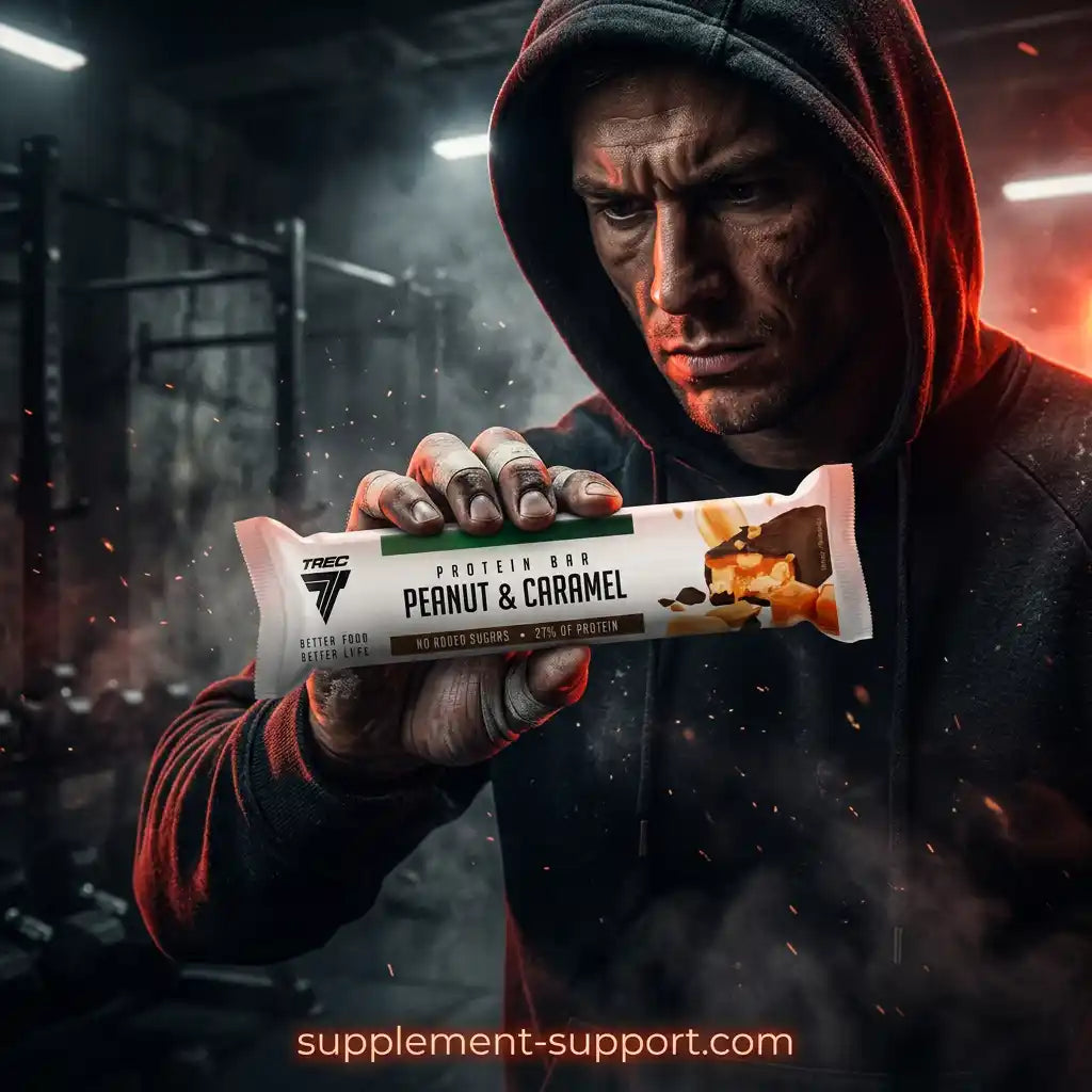 Mann im Fitnessstudio hält einen TREC NUTRITION Proteinriegel Peanut & Caramel.