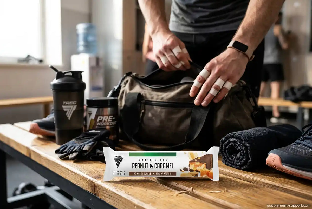 TREC NUTRITION High Protein Bar Peanut & Caramel neben Sporttasche und Shaker.