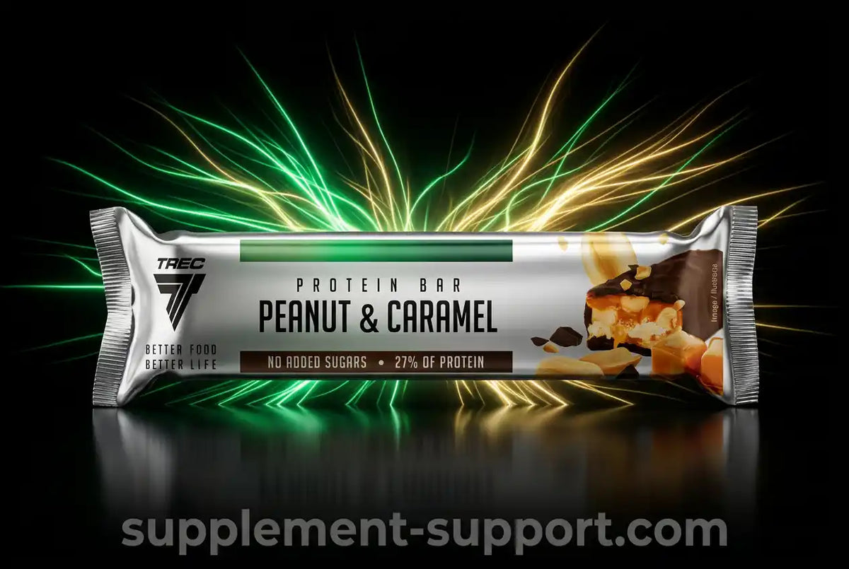 Trec Nutrition High Protein Bar mit Erdnuss & Karamell auf dunklem Hintergrund mit Lichteffekten
