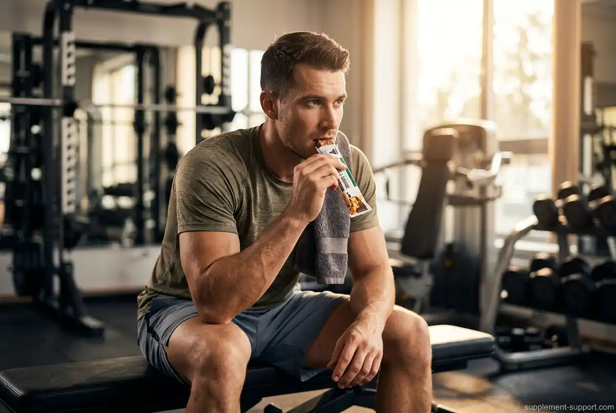 Muskulöser Mann isst einen TREC NUTRITION High Protein Bar im Fitnessstudio.