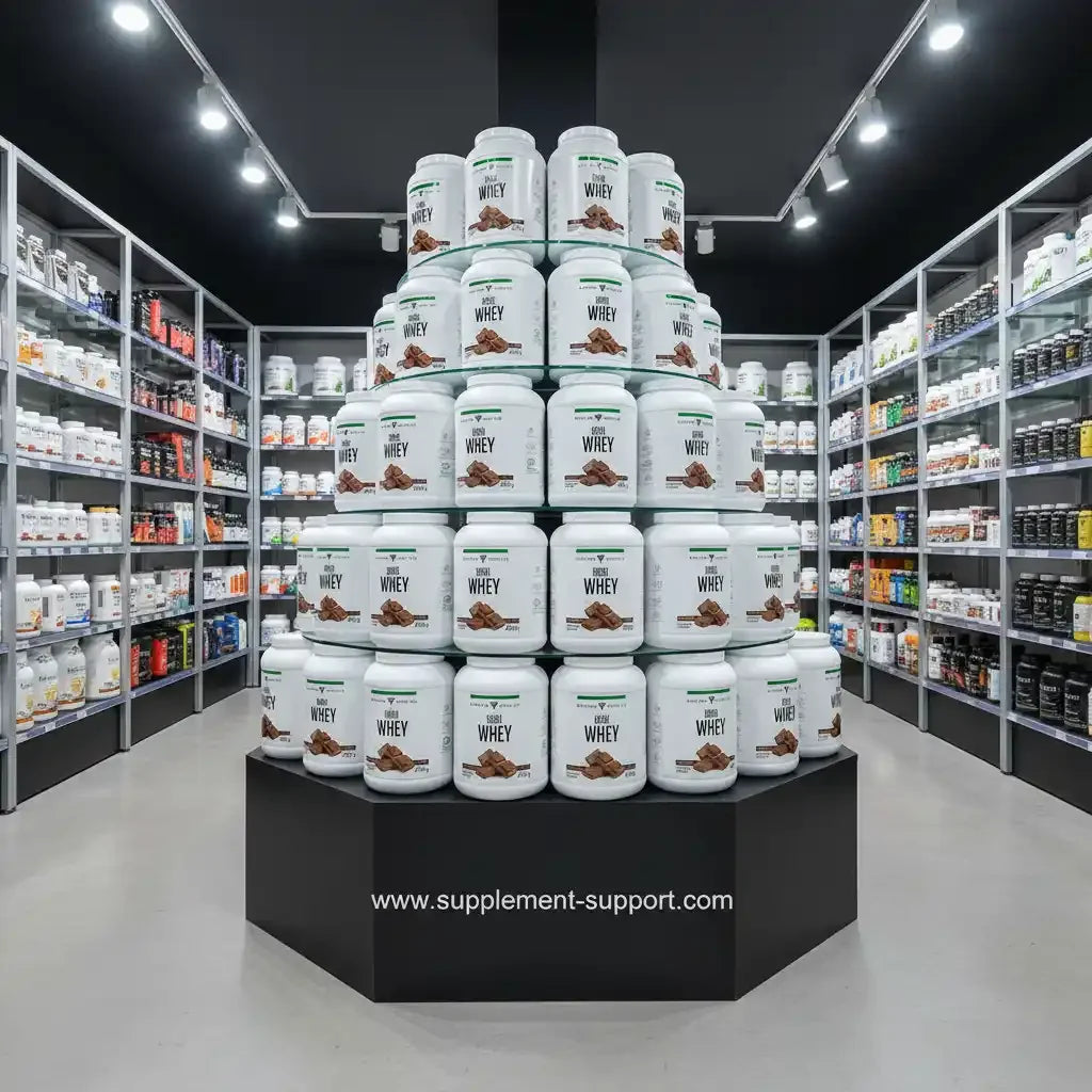 Whey-Protein-Produkte in einem modernen Supplement-Shop, ideal für Fitness und Sportler