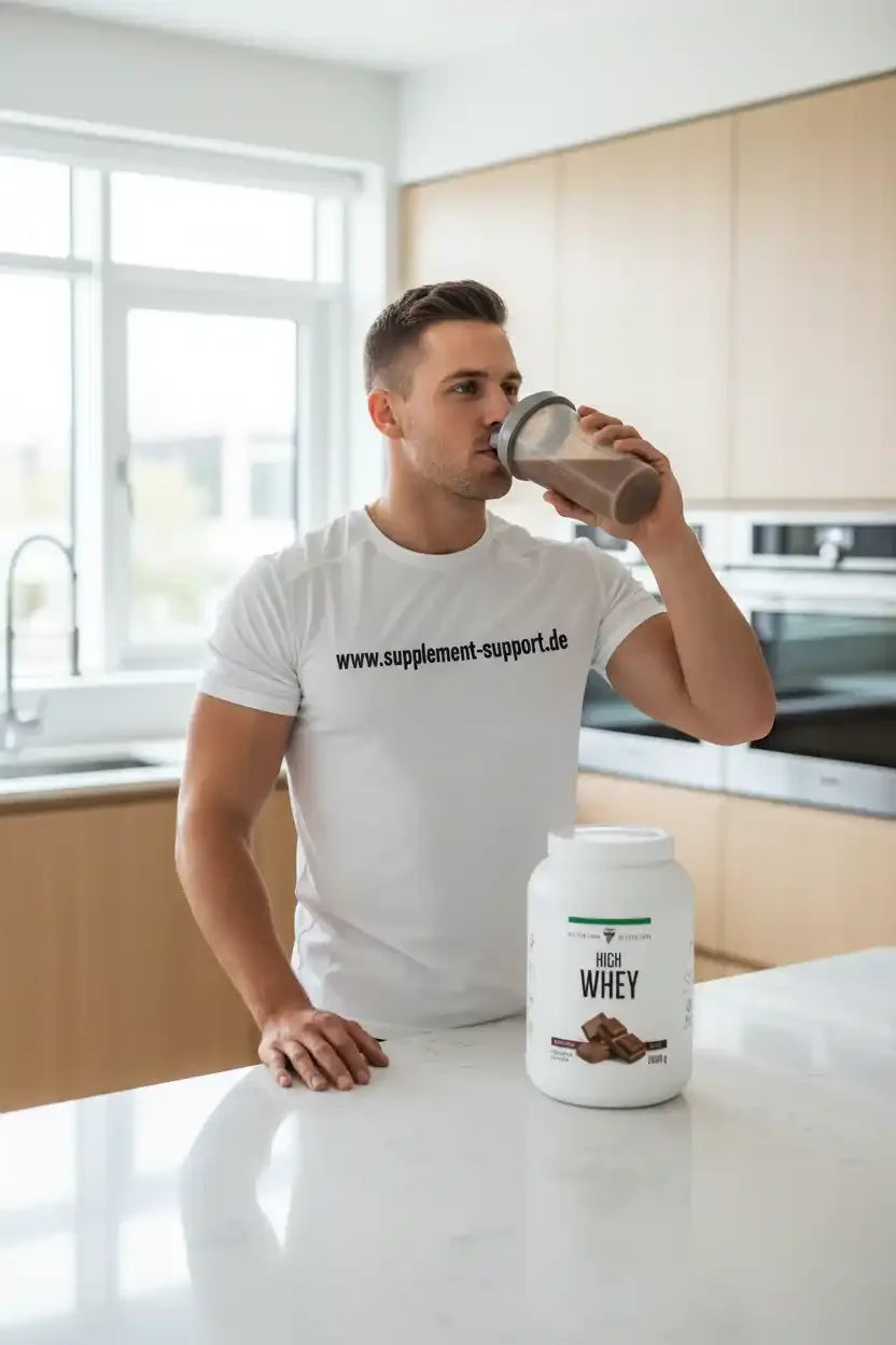 Muskulöser Mann trinkt Whey Protein Shake aus einem Shaker neben einer Dose High Whey Protein.