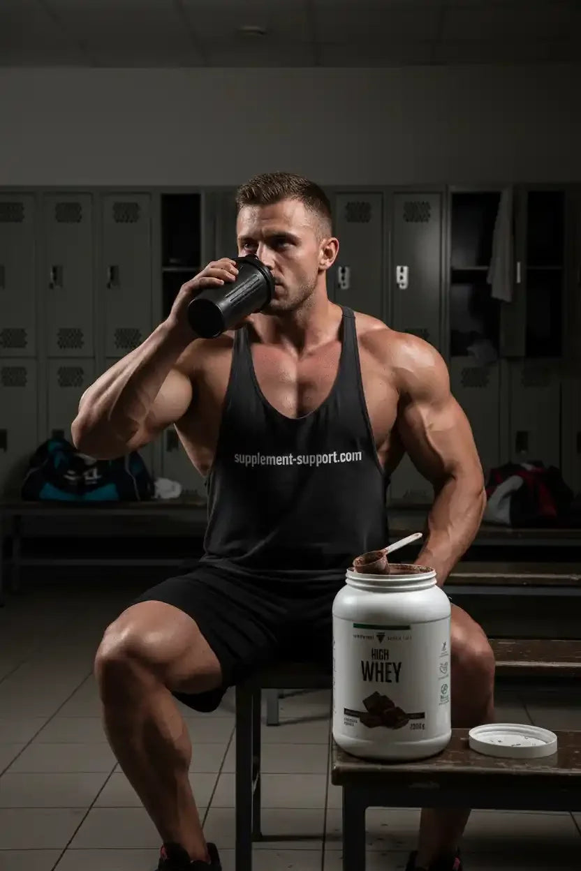 Muskulöser Mann trinkt Proteinshake neben einer Dose High Whey im Fitnessstudio-Umkleideraum.