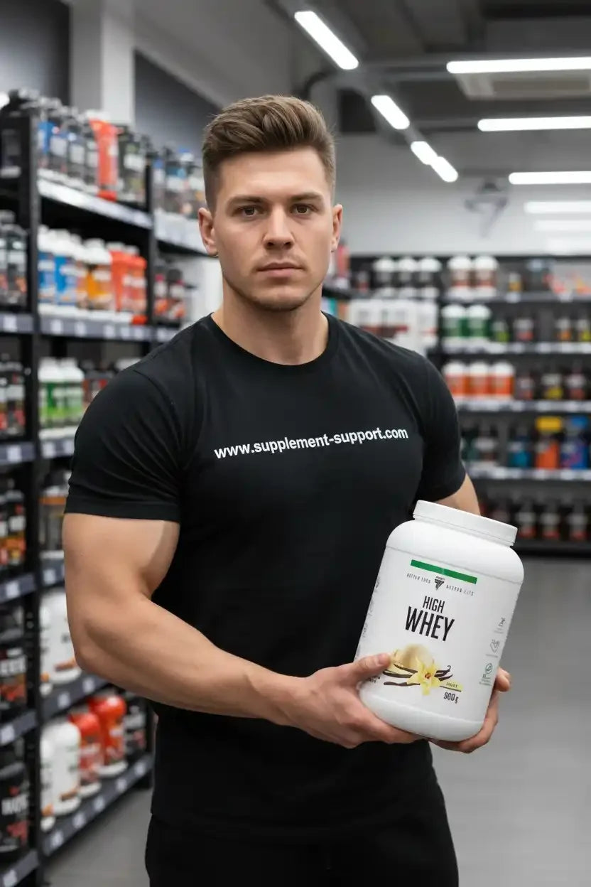 Muskulöser Mann hält High Whey Protein in Sportnahrungsladen, ideal für Fitness und Muskelaufbau