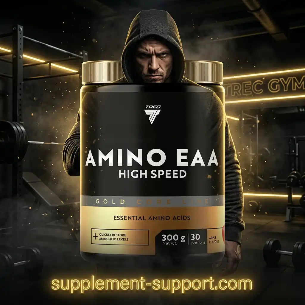 TREC NUTRITION Gold Core Amino EAA 300g Supplement vor einem Bodybuilder im Fitnessstudio