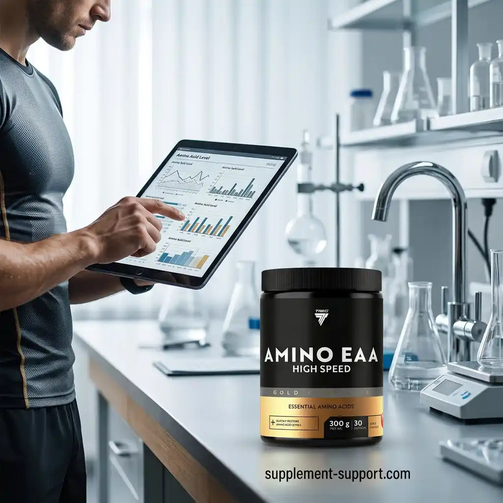 TREC NUTRITION Gold Core Amino EAA in einem Labor mit Sportler und Tablet.