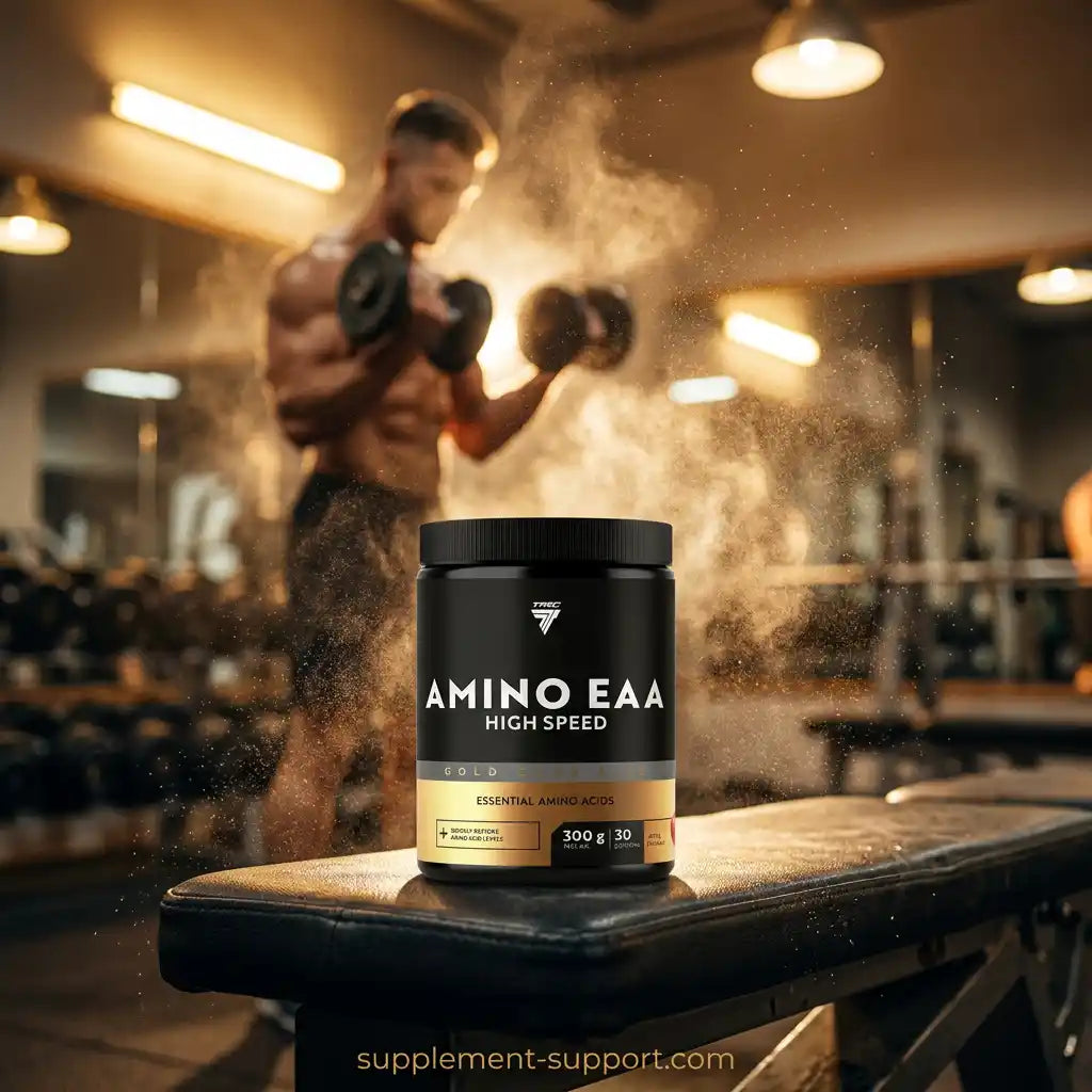TREC NUTRITION Amino EAA High Speed Dose auf einer Hantelbank im Fitnessstudio