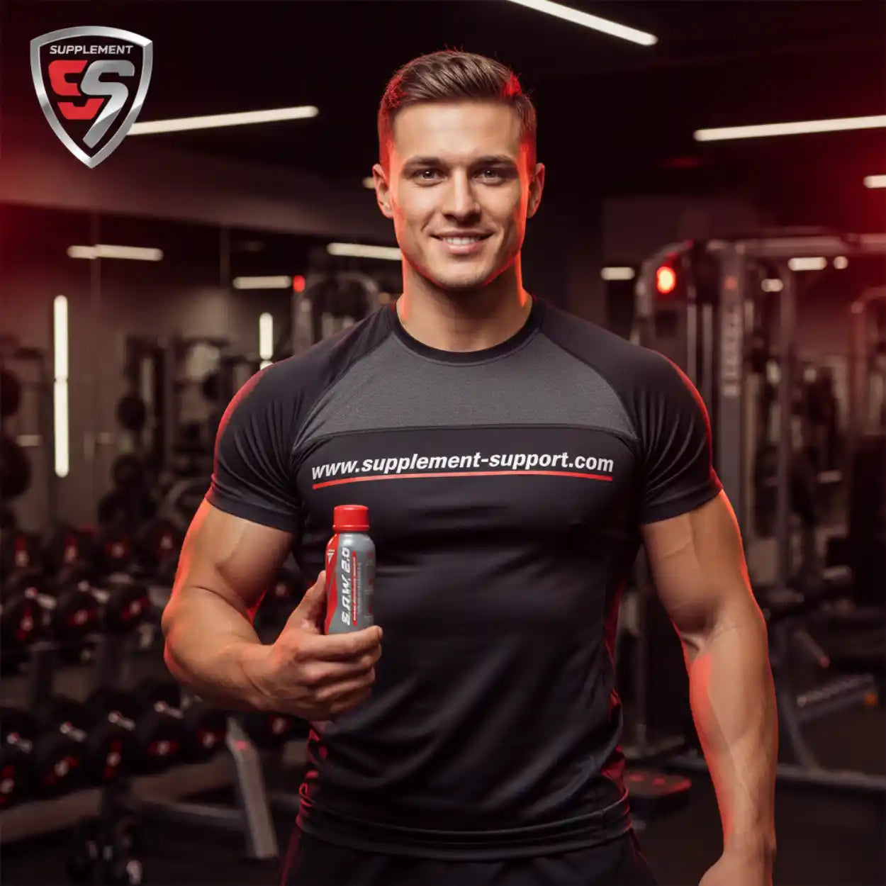 Sportler im Fitnessstudio hält Booster-Shot, T-Shirt mit Supplement-Website, Fitnessprodukte