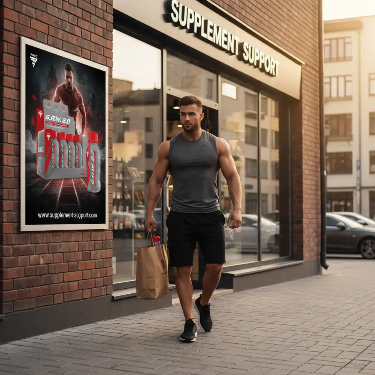 Sportlicher Mann mit Einkaufstüte vor Supplementladen, Werbeplakat für Booster-Shots sichtbar