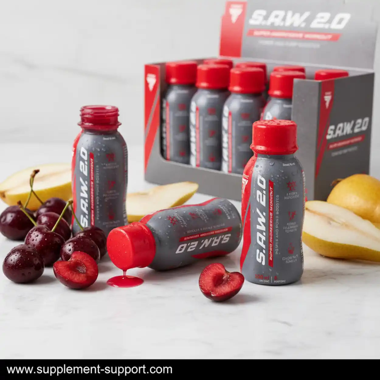 SAW 2.0 Booster Shots, 100ml Flaschen, Kirsche-Birne Geschmack, mit frischem Obst dekoriert