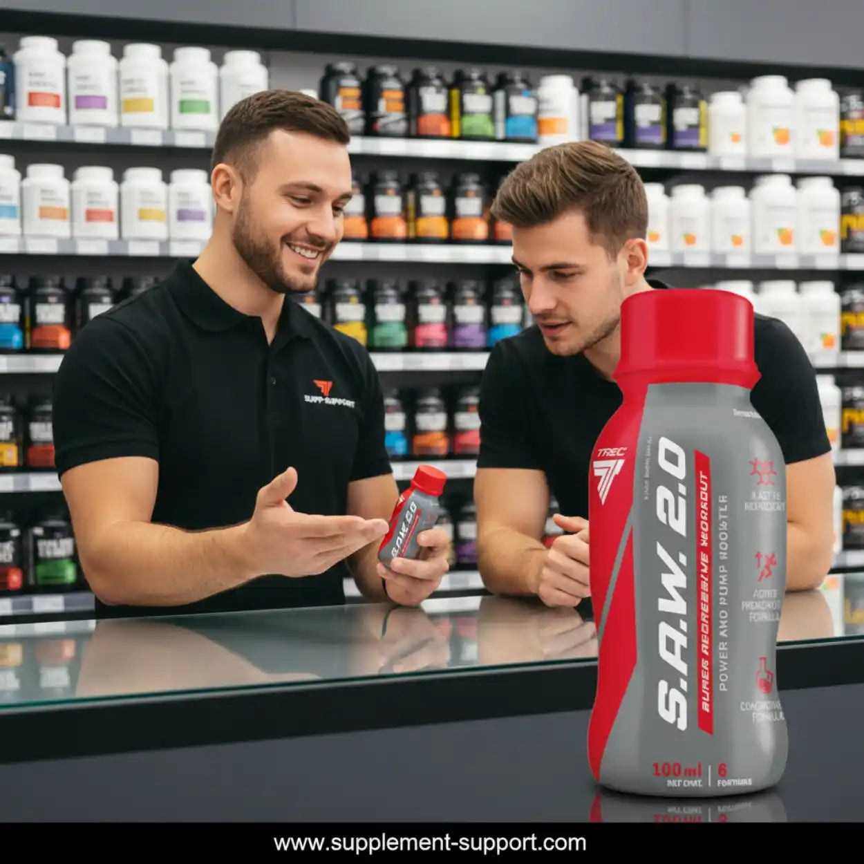 Zwei Männer beraten sich in einem Supplement-Shop zu Trec SAW 2.0 Booster Shot, Regale im Hintergrund.