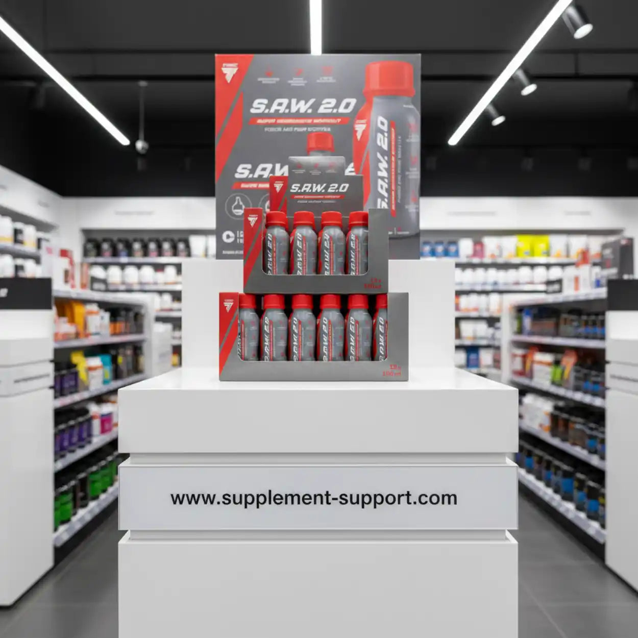 Trec SAW 2.0 Booster Shots in Display im Sportnahrungsladen, Fitness Supplement Regale