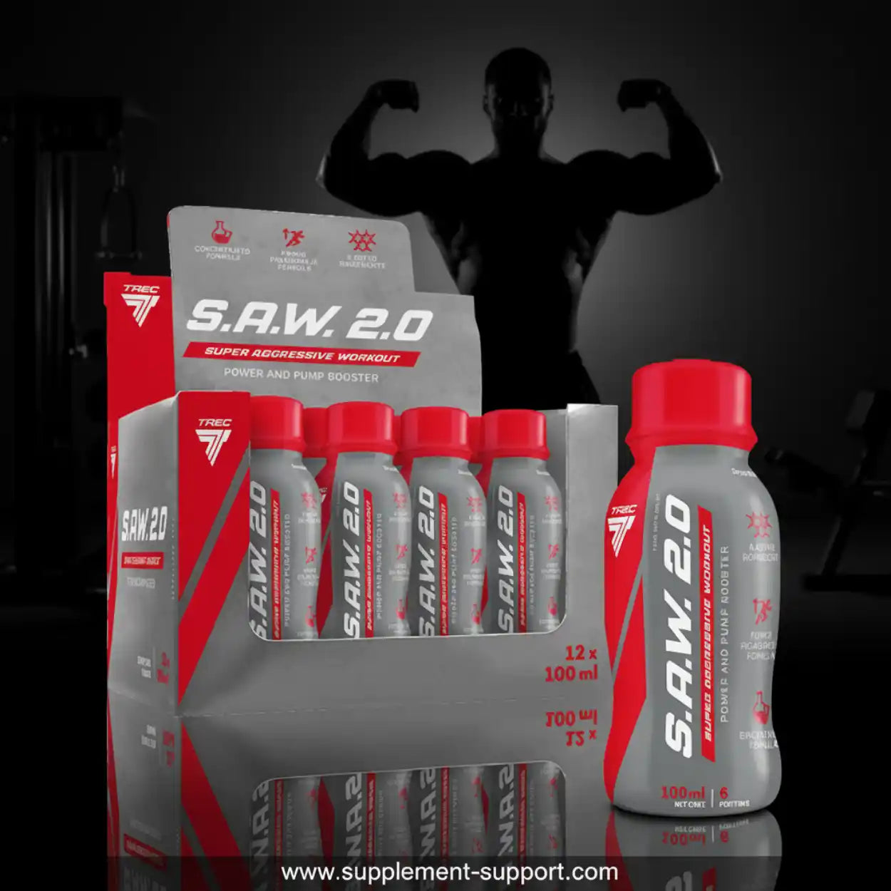 S.A.W. 2.0 Booster Shots 12x100ml in Rot-Grau, Pre-Workout Supplement vor Bodybuilder-Silhouette