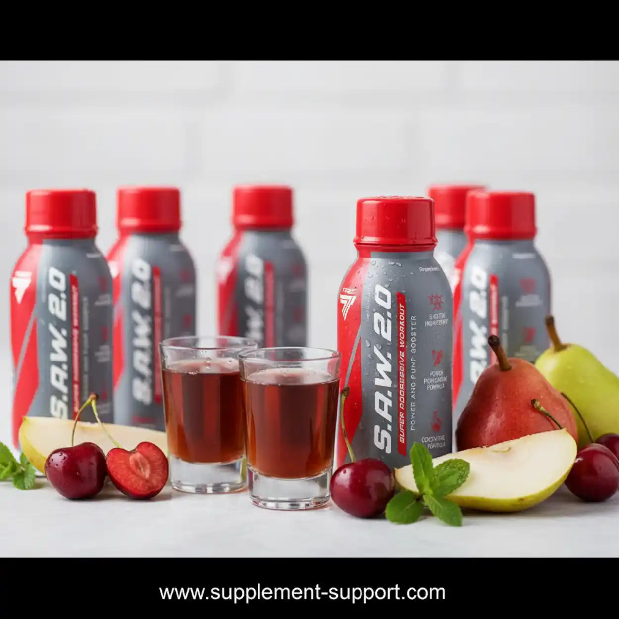 Sportnahrung Booster Shots mit Kirsche, Birne und frischen Früchten, Fitness Supplement