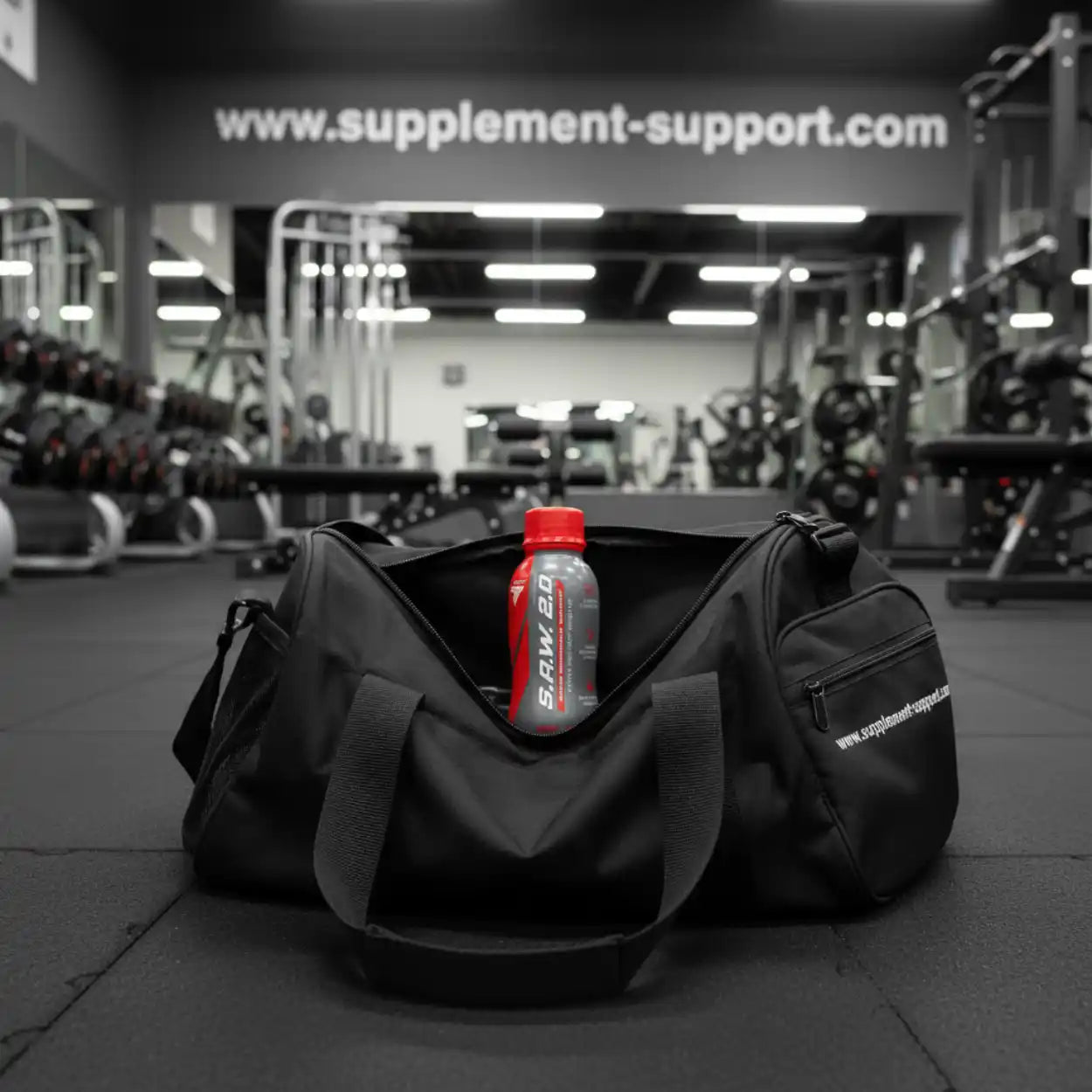 Rote S.A.W. 2.0 Booster Shot Flasche in schwarzer Sporttasche im Fitnessstudio mit Trainingsgeräten