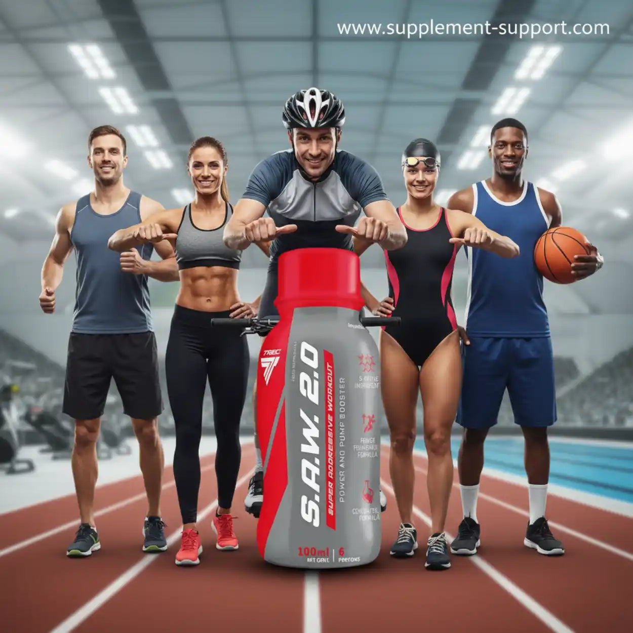 Sportler und große SAW 2.0 Booster Flasche auf Laufbahn, Fitness Supplement im Stadion