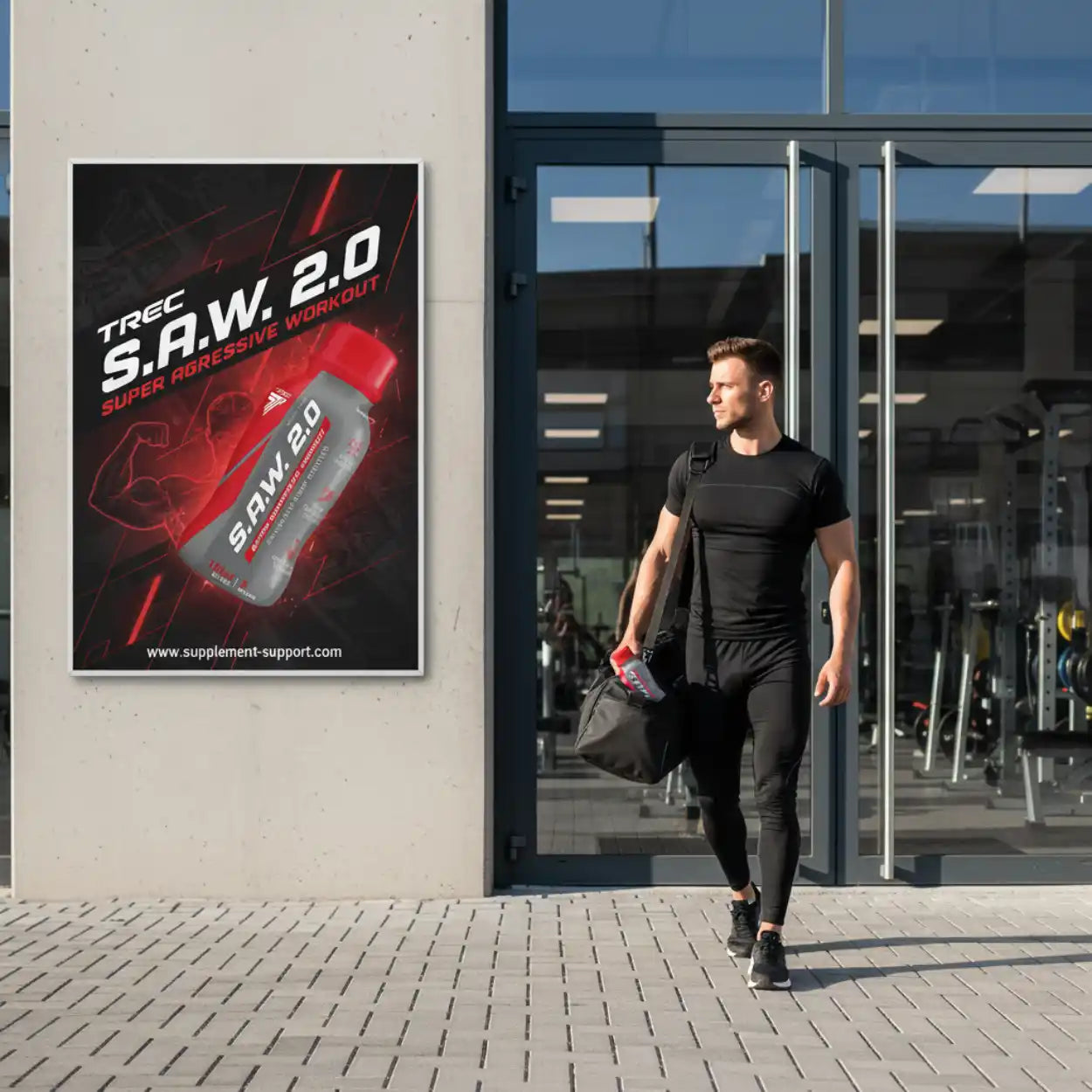 Fitnesssportler verlässt Fitnessstudio mit Tasche, Poster für S.A.W. 2.0 Booster Shots an der Wand.
