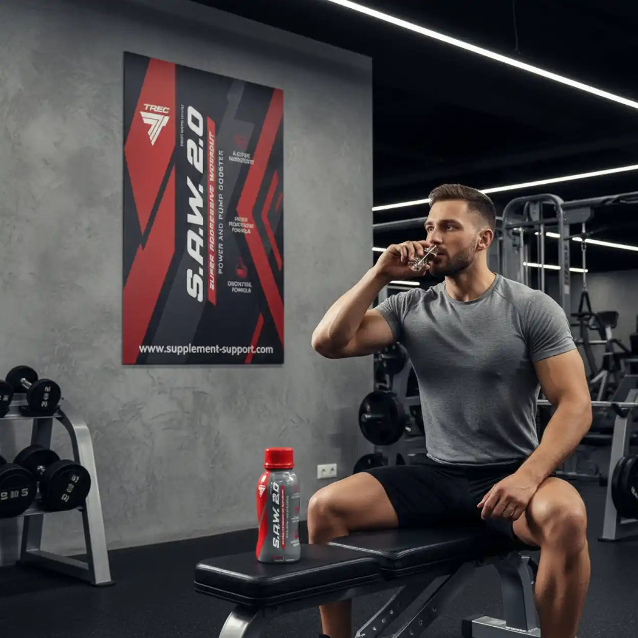 Sportler trinkt SAW 2.0 Booster im Fitnessstudio, Booster-Shot auf Hantelbank