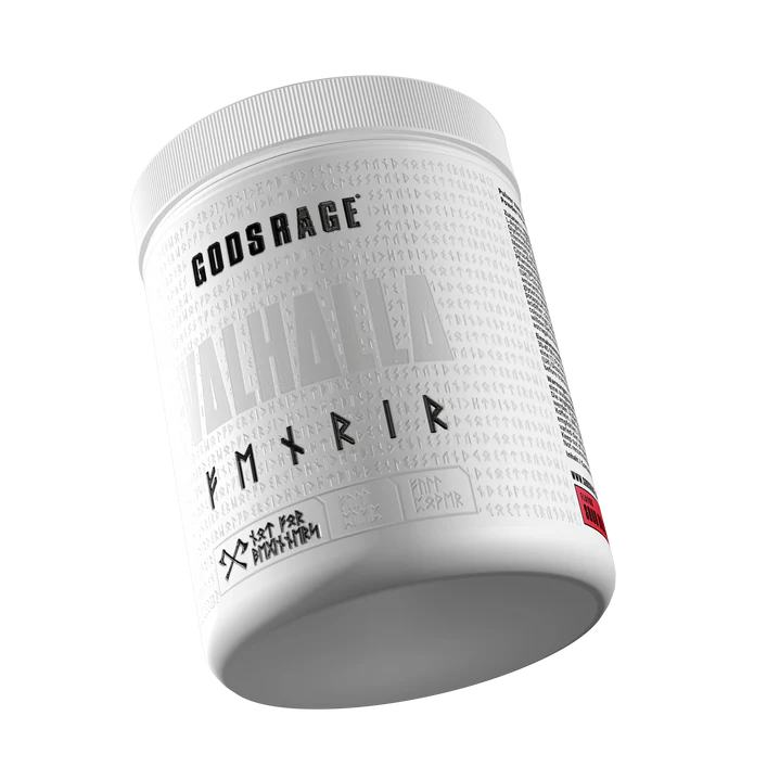 Weiße Dose Gods Rage Valhalla, Pre-Workout Booster mit Runen-Design auf dem Etikett