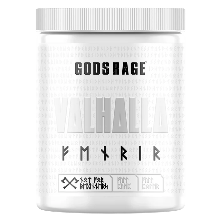 Weiße Dose Pre-Workout Booster mit Label 'Gods Rage Valhalla Fenrir', skandinavisches Design, Fitness Supplement