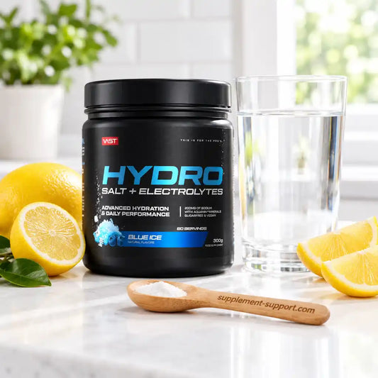 VAST Hydro SALT + ELECTROLYTES 300g Dose mit Zitronen und einem Glas Wasser