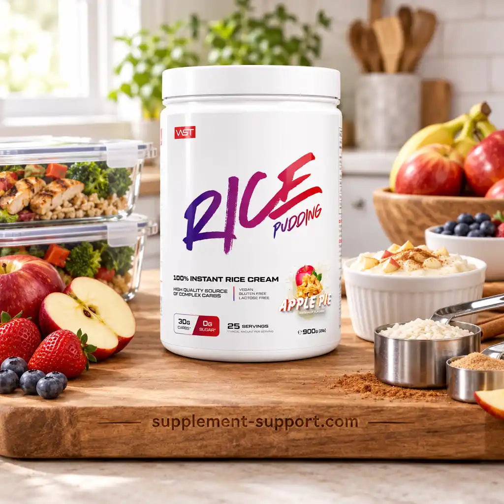 VAST® Instant Rice Pudding Apple Pie 900g mit frischen Früchten auf einem Holzbrett
