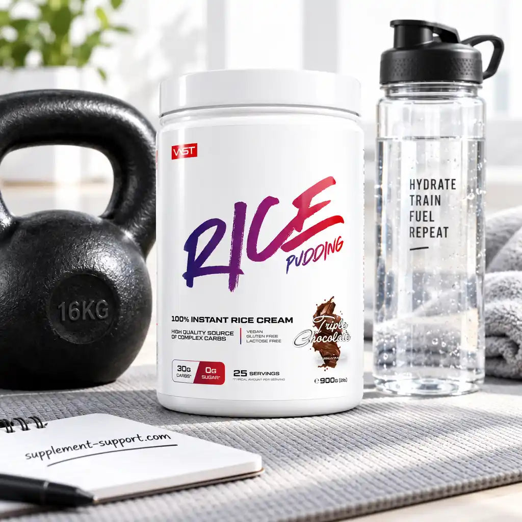 VAST® Instant Rice Pudding Triple Chocolate 900g mit Kettlebell und Wasserflasche