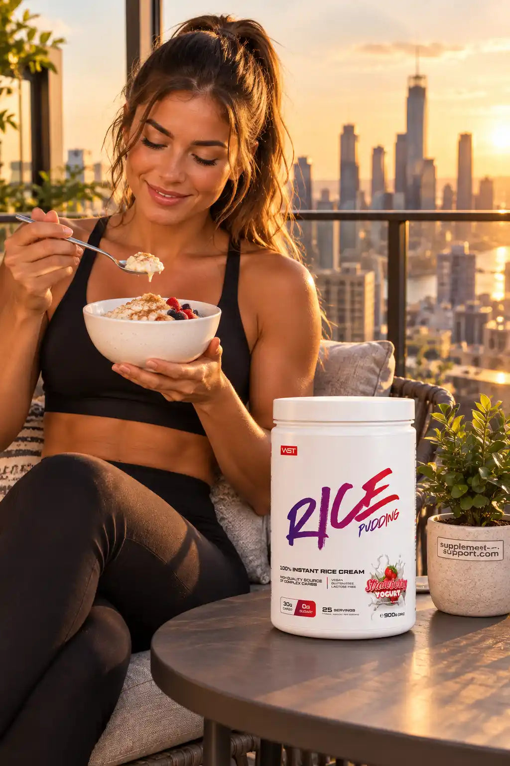 Frau isst VAST® Instant Rice Pudding auf einer Terrasse mit Stadtansicht im Hintergrund.