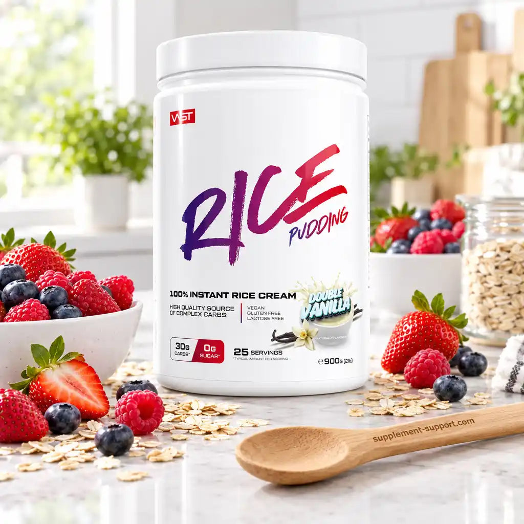 VAST® Instant Rice Pudding Double Vanilla 900g mit Erdbeeren und Heidelbeeren