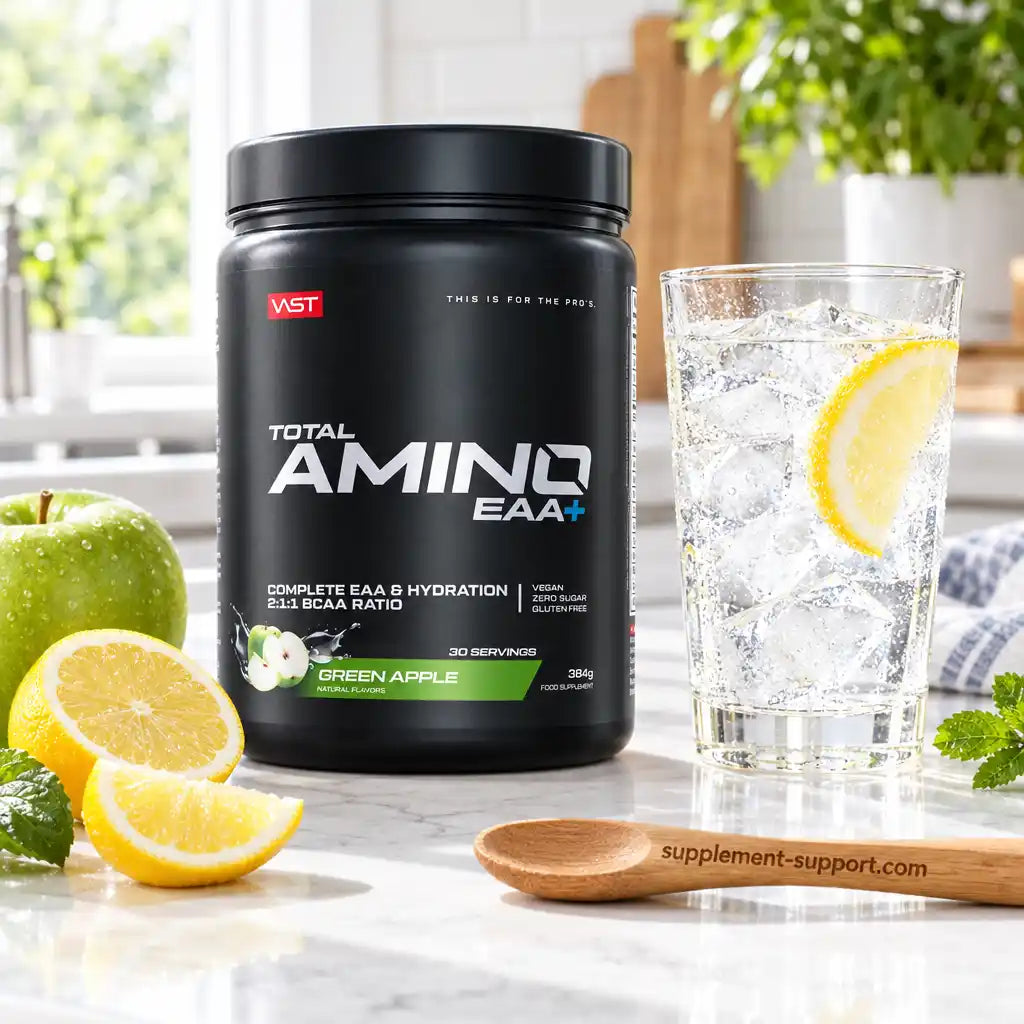 VAST® Total Amino EAA+ in Green Apple Geschmack mit einem Glas Wasser und Zitronen.