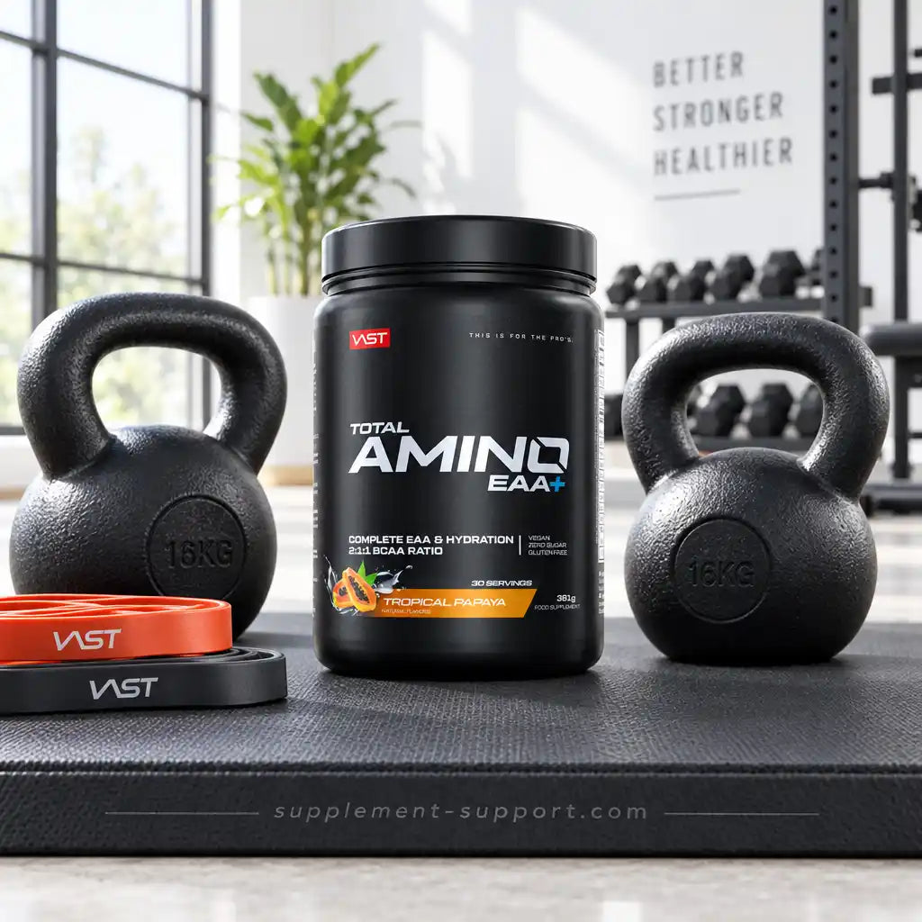 VAST Total Amino EAA+ in Tropical Papaya zwischen zwei 16kg Kettlebells und Widerstandsbändern.