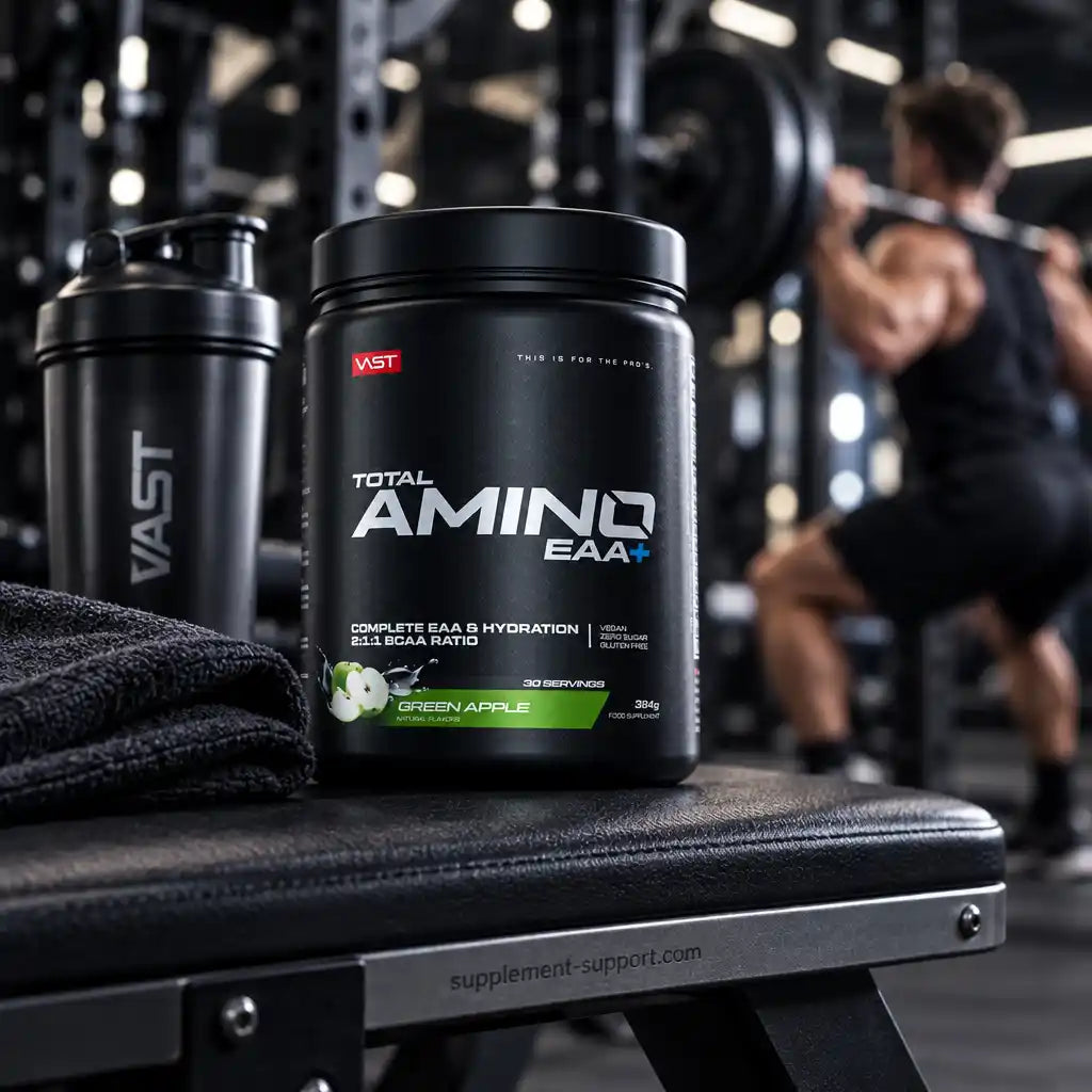 VAST® Total Amino EAA+ Nahrungsergänzung in grüner Apfel-Variante auf einer Trainingsbank.