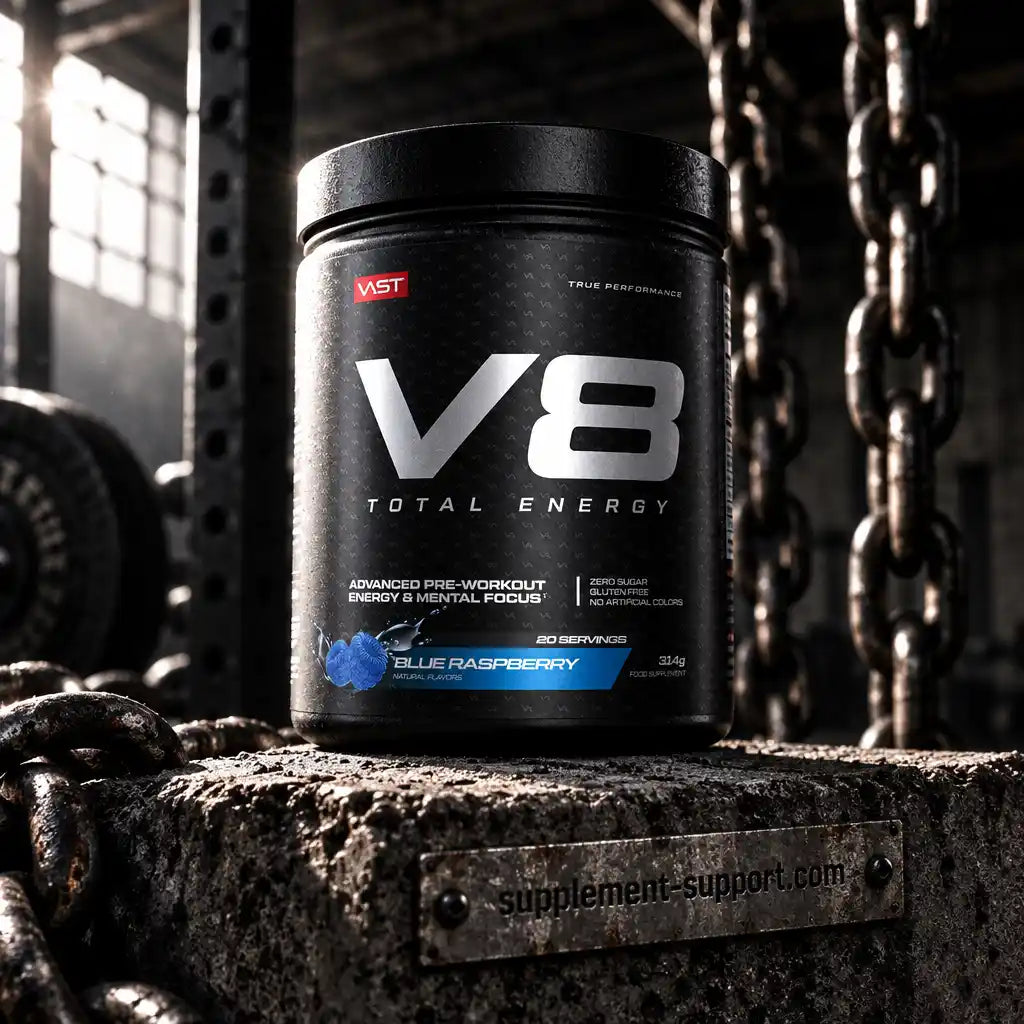 VAST® V8 Total Energy Pre-Workout Supplement im Geschmack Blue Raspberry in einer Industrieumgebung