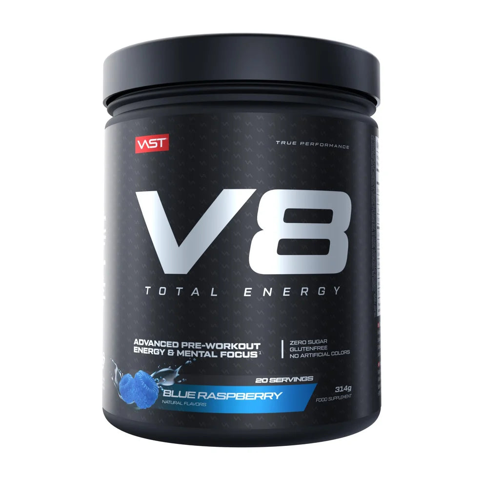 VAST® V8 Total Energy Pre-Workout Supplement in Blauem Himbeer-Geschmack, schwarzer Behälter